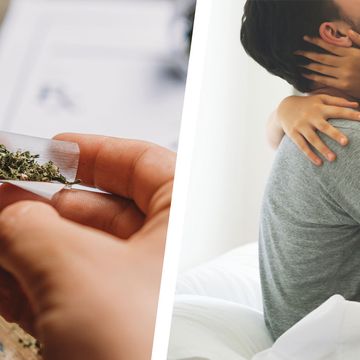 split image of rolling a joint and a couple in bed