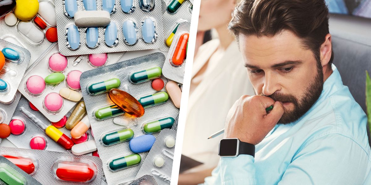 split image with pills on left and man biting nails on right