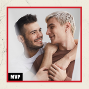 side by side images of a gay couple looking into each other's eyes and a man frustrated in bed