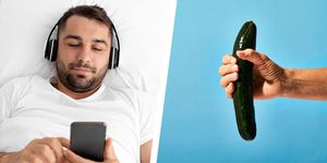 a man wearing headphones and using an app next to an image of a hand holding a cucumber