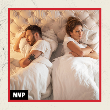 side by side images of a couple facing away from each other in bed and a woman using a dating app