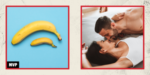 a big and small banana next to an image of a couple in bed
