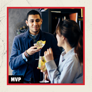 side by side images of a man and a woman at a bar and two hands clasping another hand