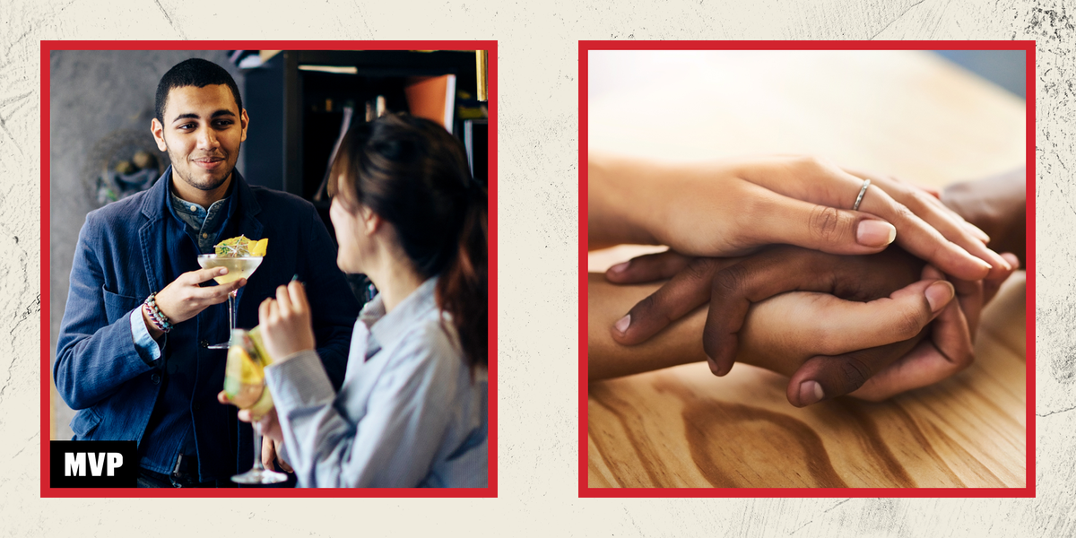 side by side images of a man and a woman at a bar and two hands clasping another hand