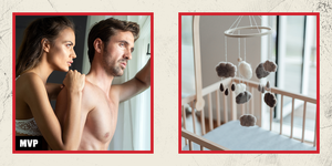 side by side images of a couple in their underwear and a baby's crib