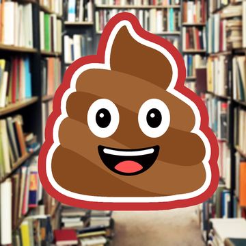 poop emoji over bookshelves