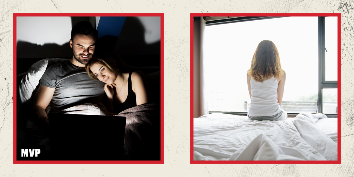 side by side images of a couple watching a laptop in bed, and a woman sitting on the edge of the bed facing away from the camera