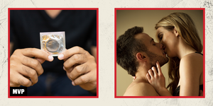 side by side images of a man holding a condom and a couple kissing passionately