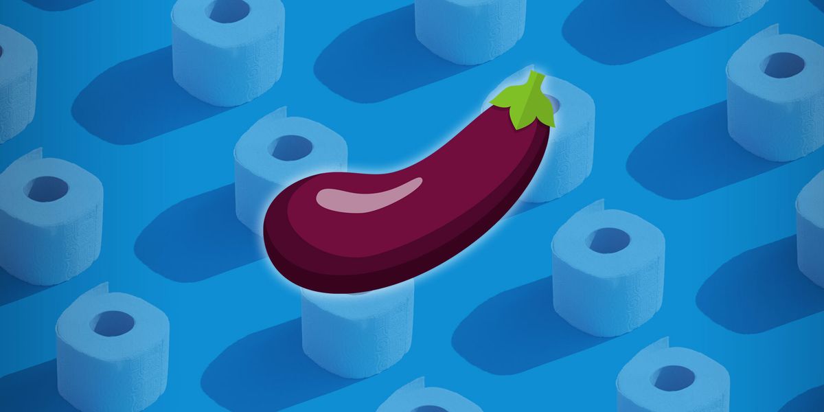 eggplant illustration hovering over toilet paper illustration