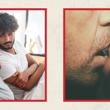 side by side images of two men glaring at each other in bed and two men kissing