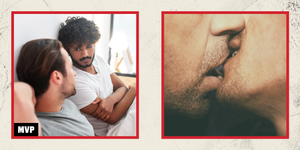 side by side images of two men glaring at each other in bed and two men kissing