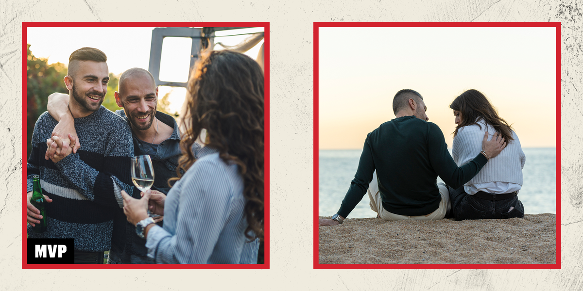 side by side photos of two men holding hands a party and a heterosexual couple looking sad on the beach