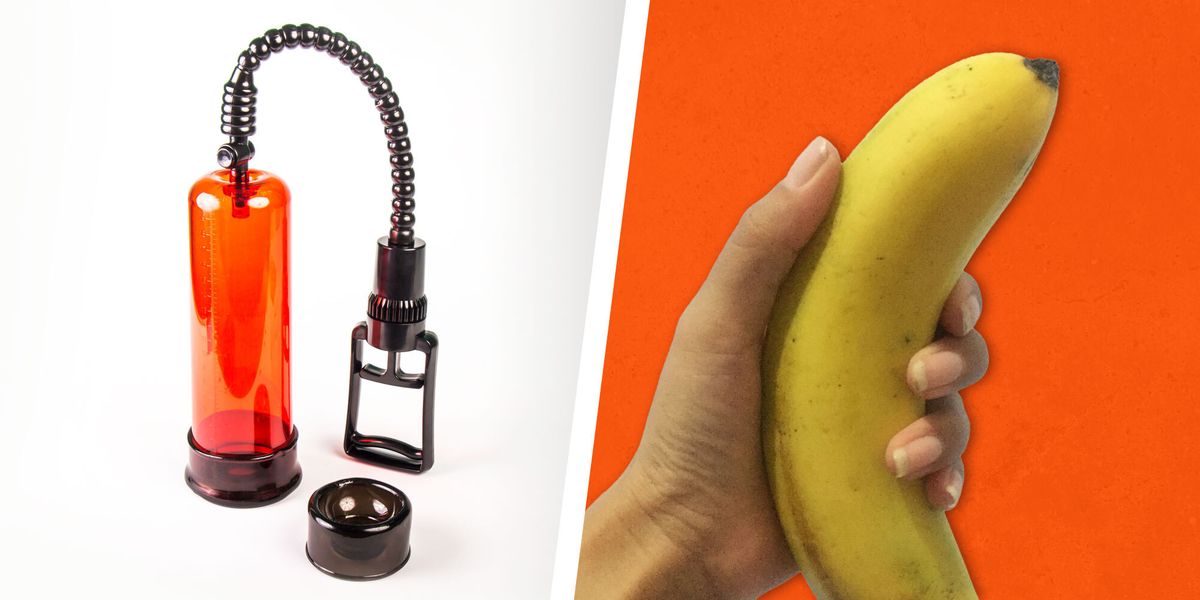 side by side images of a penis pump and a hand holding a banana