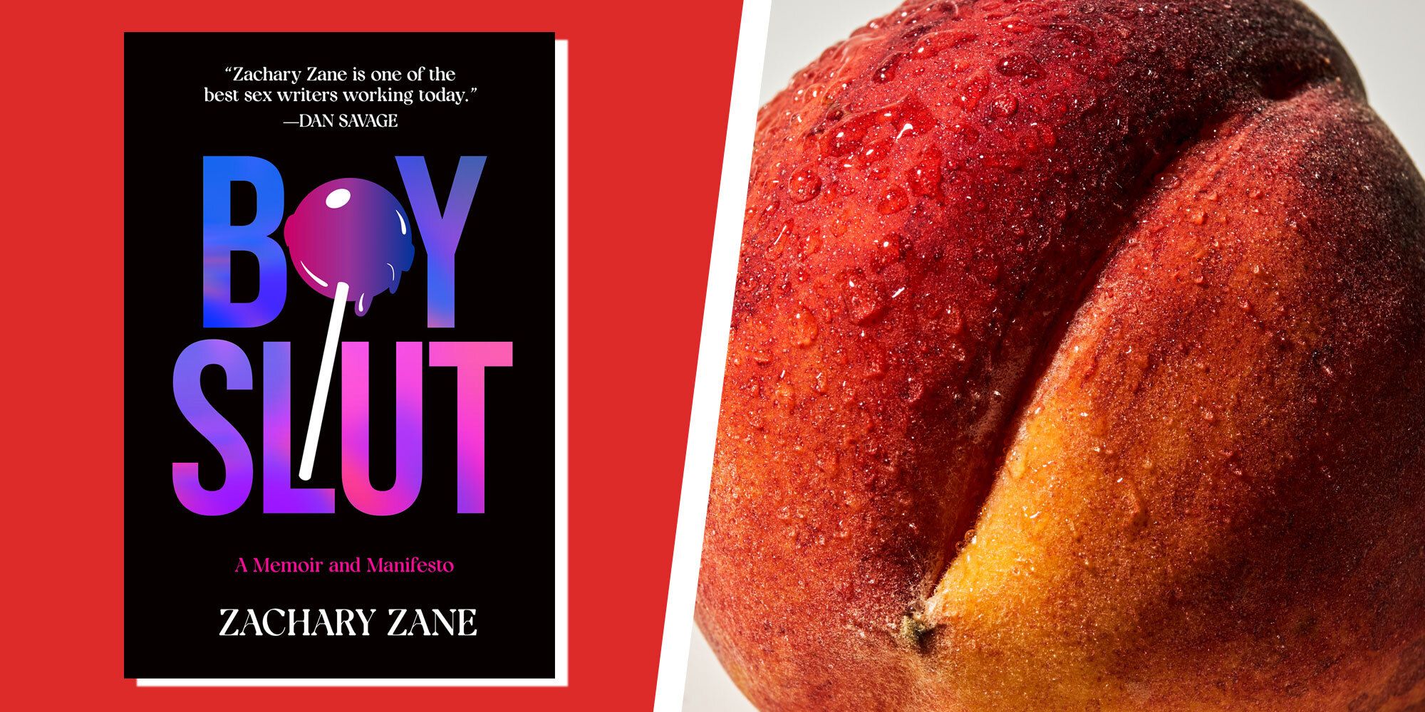 side by side images of boyslut by zachary zane, and a peach that looks like a butt