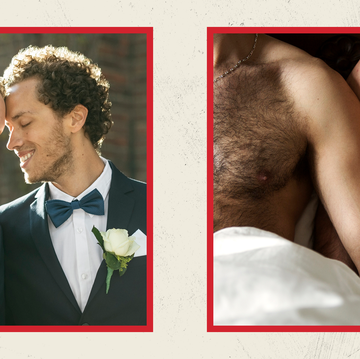 side by side photos of two grooms resting their foreheads against each other and two men in bed