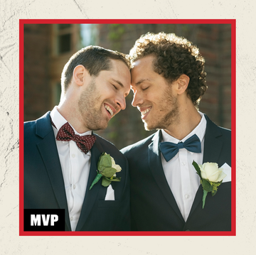 side by side photos of two grooms resting their foreheads against each other and two men in bed