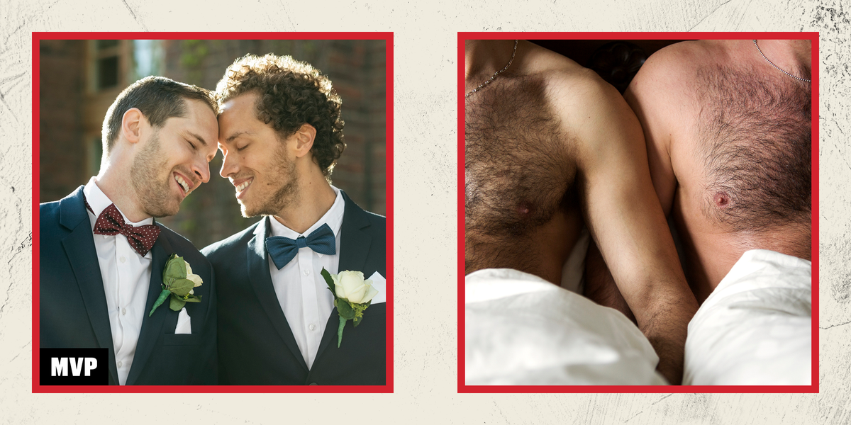 side by side photos of two grooms resting their foreheads against each other and two men in bed