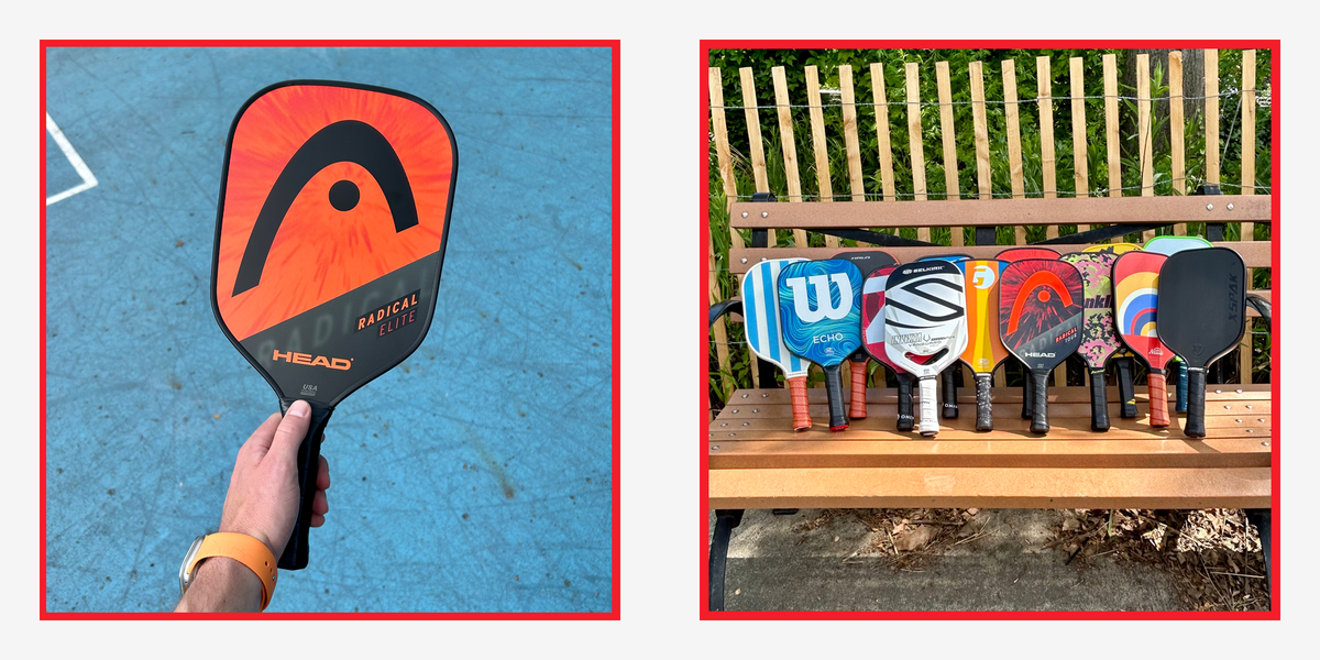 An assortment of pickleball paddles sitting on a bench.