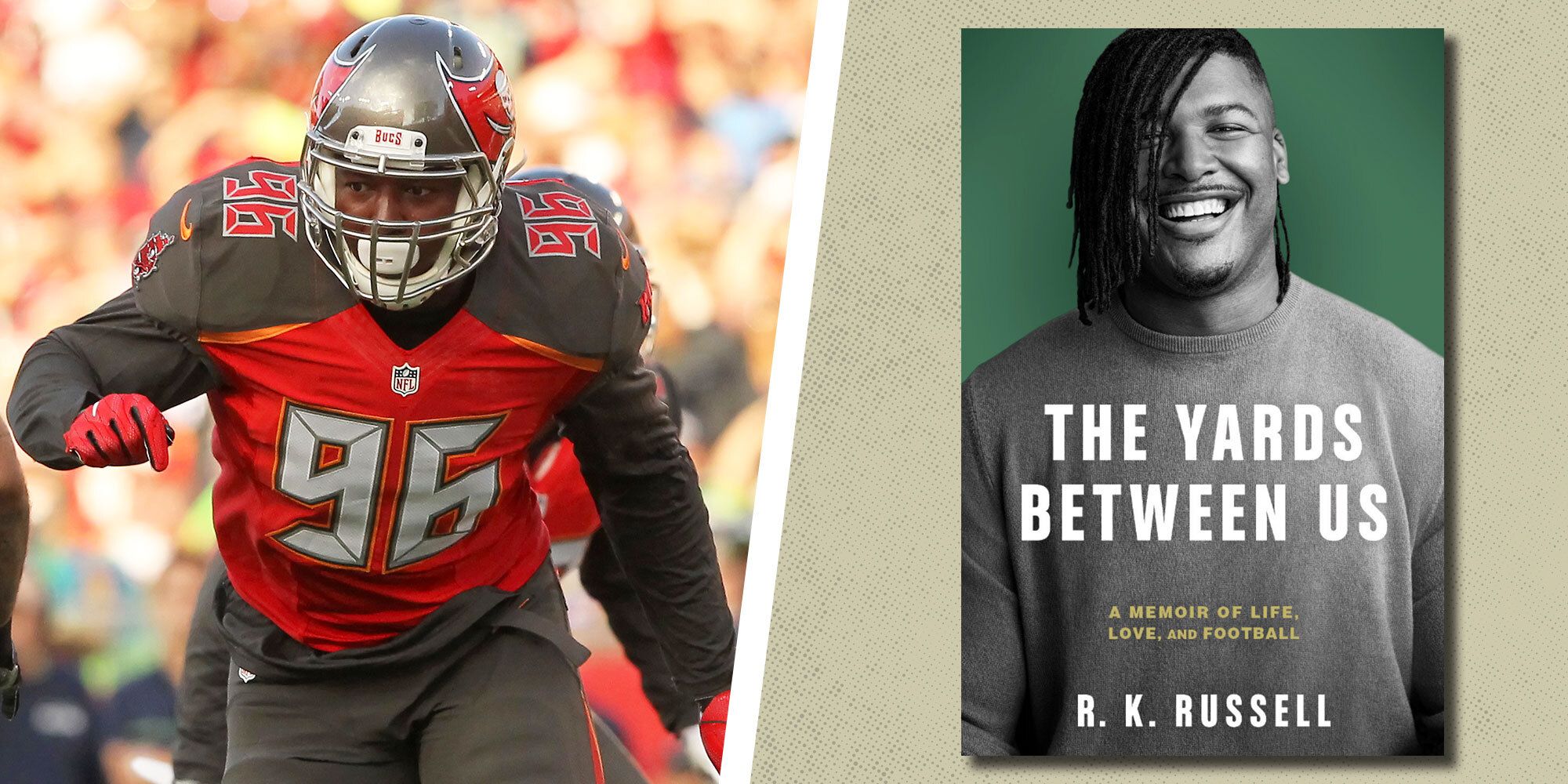 side by side images of rk russell on the football field and the cover of his memoir, the yards between us