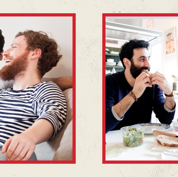 side by side images of two male friends looking at a laptop and sharing a meal together