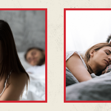 side by side images of a couple in bed and a distressed woman sitting on the edge of the bed