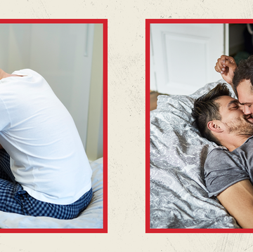 side by side images of a man sitting on the edge of a bed and two men kissing in bed