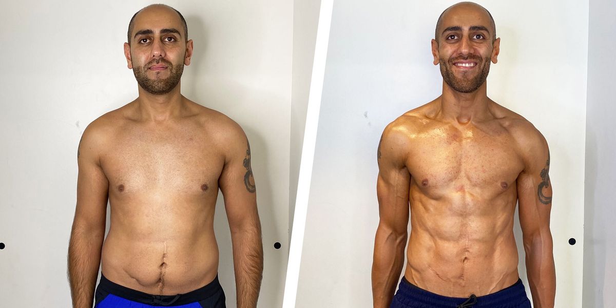 before and after photos of a bald man who gained a six pack and built muscle