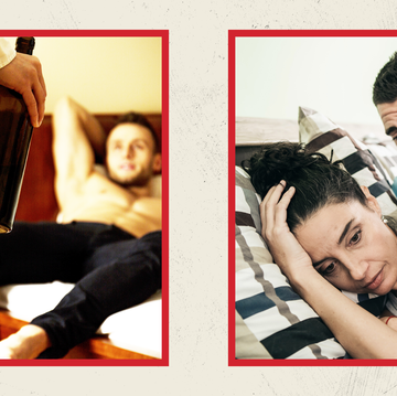side by side images of a woman in lingerie holding a wine bottle and a couple having an argument in bed