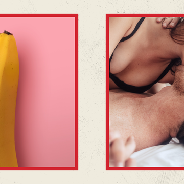 side by side images of a banana and a couple in bed, kissing
