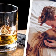 a diptych showing a glass of whiskey and a couple kissing in bed, representing "whiskey dick"