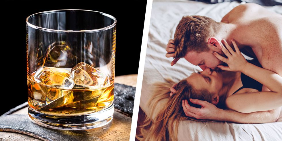 a diptych showing a glass of whiskey and a couple kissing in bed, representing "whiskey dick"