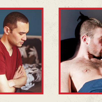 side by side images of a gay male couple having an argument in bed, and two men kissing