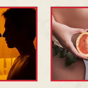 side by side photos of a couple in silhouette and a person holding a grapefruit over their vagina