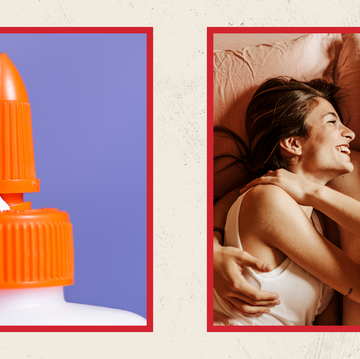 side by side photos of a bottle of white glue and a couple lying in bed