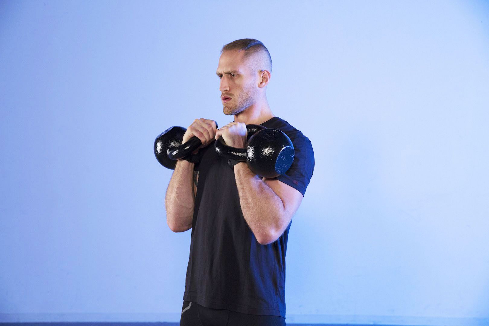Double kettlebell front squat exercise instructions and video