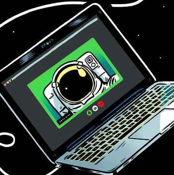 illo of a laptop in space with a spaceman on a zoom