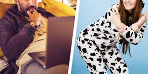 side by side photos of a man looking at his laptop and a woman in a cow costume