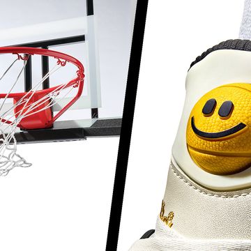 a basketball with a smiley face going through the net and a shoe with a smiley face
