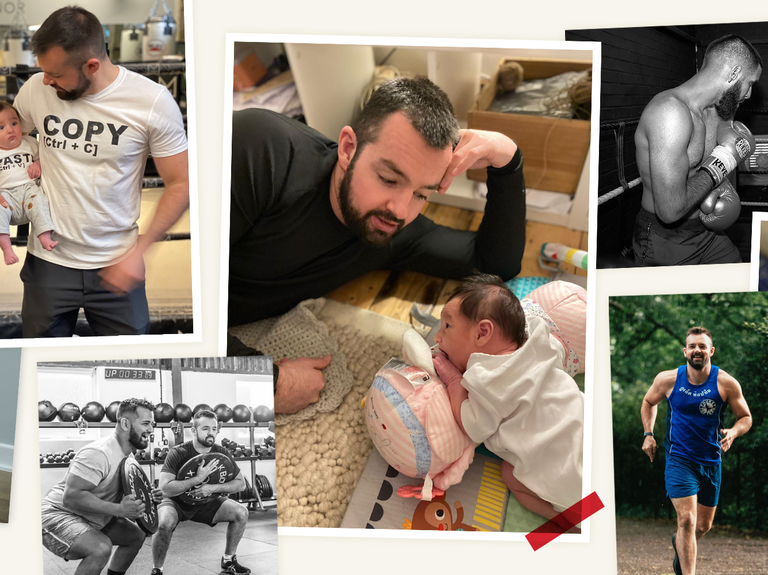 collage of photos showing chris baugh with his daughter, or of himself exercising