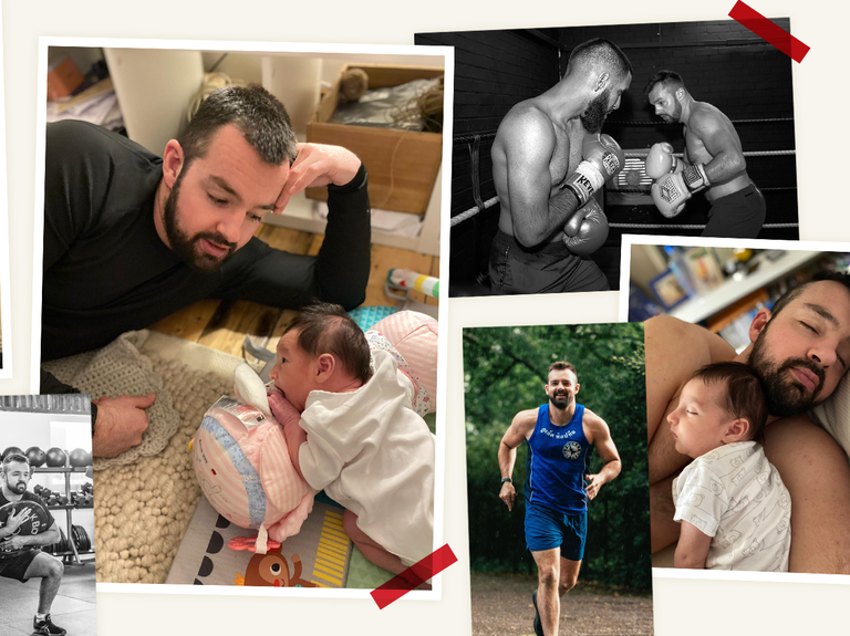 collage of photos showing chris baugh with his daughter, or of himself exercising