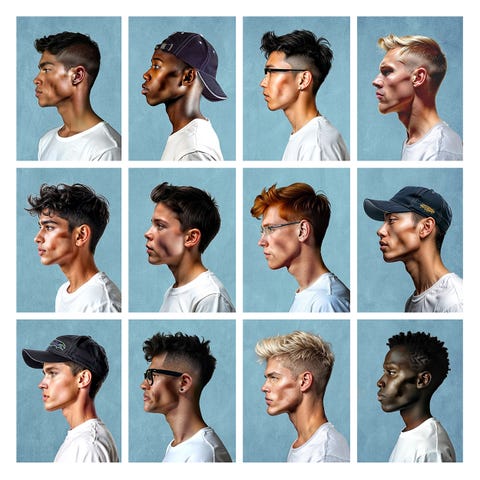 a collage of twelve individuals with various hairstyles in profile view