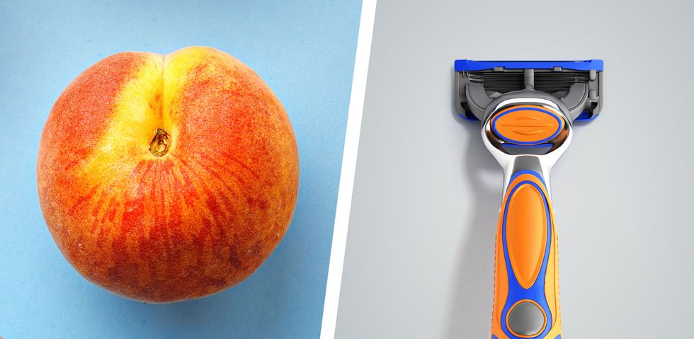 a peach next to a razor