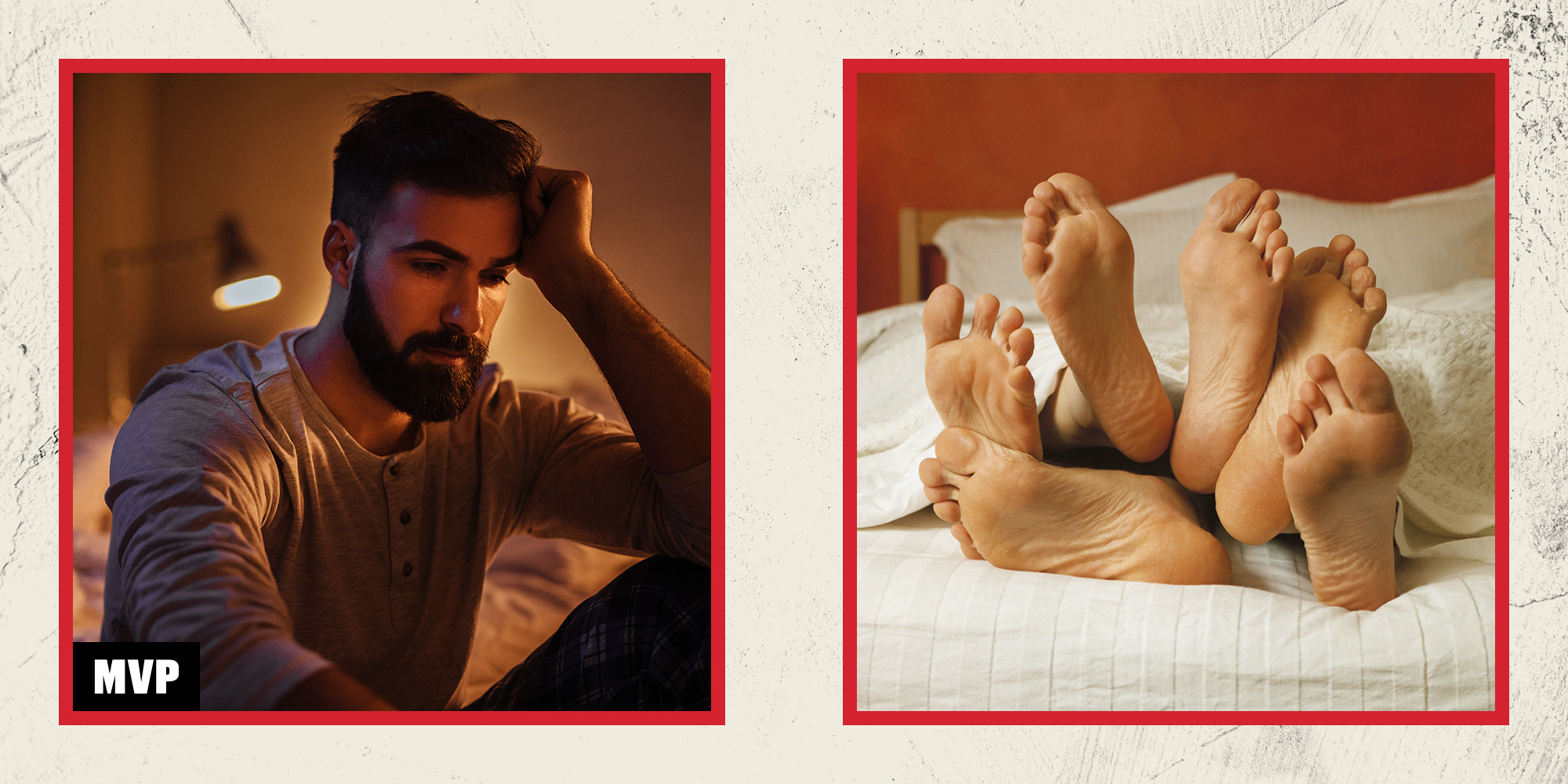 side by side images of a man looking distressed and three sets of feet in bed together