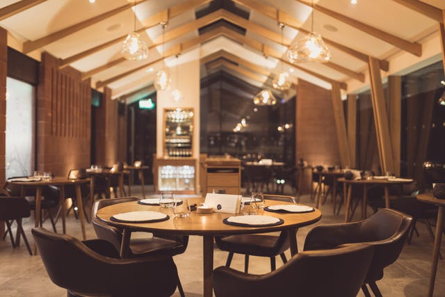 Restaurant, Building, Interior design, Room, Property, Lighting, Ceiling, Table, Dining room, Architecture, 