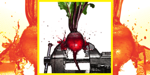 a beet in a vise getting squashed and exploding beet juice