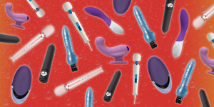 a collage of different vibrators on a red background