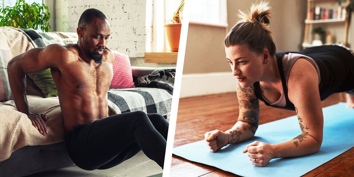 split image of a man and a woman working out from home