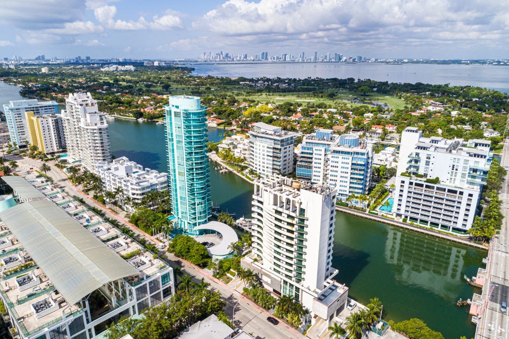 miami beach, florida, aerial view, 6000 indian creek condominium, casablanca on the ocean hotel, terra beachside villas, la gorce island, allison island, biscayne bay