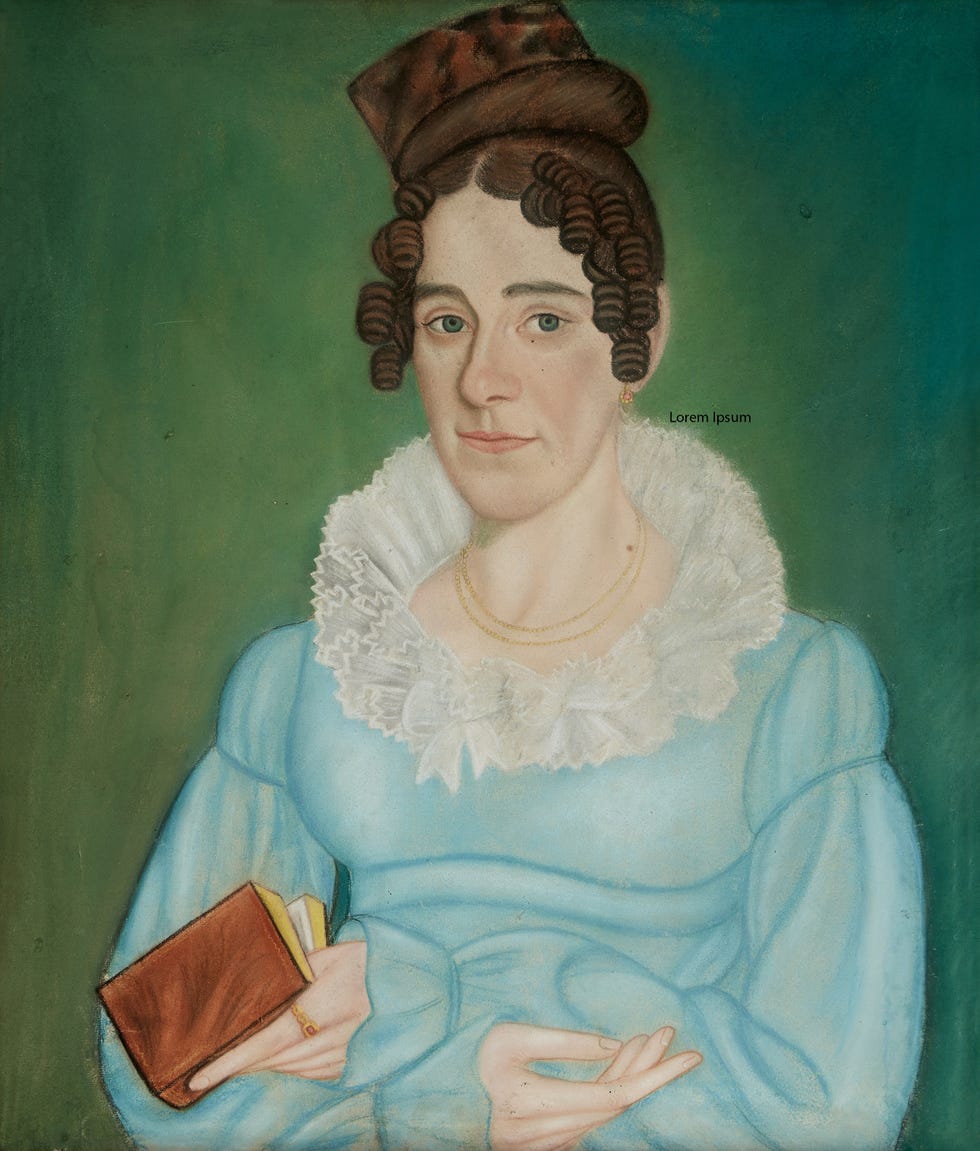 portrait of a woman in a blue dress holding a book