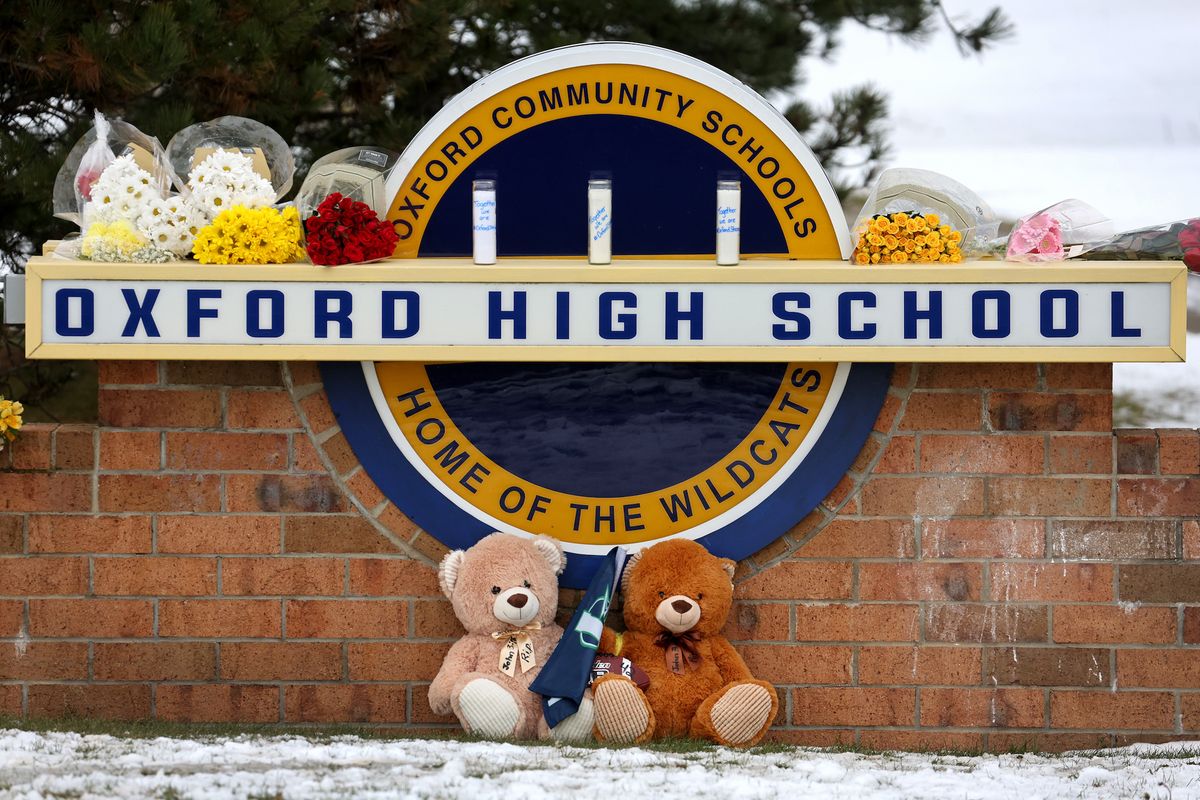 oxford, michigan   december 01 stuffed bears and flowers are gathered at a makeshift memorial outside of oxford high school on december 01, 2021 in oxford, michigan yesterday, four students were killed and seven injured when a gunman opened fire on students at the school a 15 year old sophomore, believed to be the only gunman, is in custody,  photo by scott olsongetty images